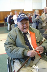Mr. Shonk is awarded the Boston Post Cane at Town Meeting. Photo by Sally Shonk