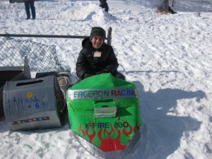 Jason Bergeron (age 10 from Dublin) on his X-Fire 800 Snowmobile Box Sled. Next to Jason is his sister Amanda's box sled.