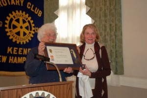 Jane Kirk of Rotary in Keene presents Mary Ellen Moore with the Paul Harris Award. Photo by Sally Shonk