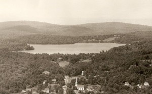 Aerial view of the lake and village before 1972. Antique postcard credit: Photo courtesy Dublin Historical Society