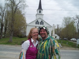 Dawn and Jay, both Morris Dancers, in front of the Nelson Congregational Church at the Annual Maypole celebration.