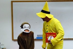 Kim Bergeron as The Man with the Yellow Hat, and his son, Jason, as Curious George. They helped us kick off our successful Read-a-Thon in April.