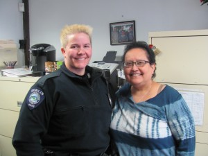 Vira Elder (R), shown here with Officer Hetrick, has served the DPD for many years. Photo by Margaret Gurney