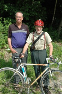 Bronson Shonk joins John Allis and his single-gear bicycle. Photo by Sally Shonk