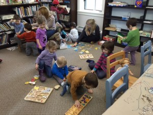 Our Library at Work: Things really do not get much sweeter than visiting StoryTime at the DPL on Wednesdays at 9:30 pm. Here are the children after the story, during free play, which was after crafts, and a snack. The happy mothers in attendance have a grand time as well. Rebecca Oja and Mary Edick team up to bring the full-circuit experience to the children of this town, and all children are welcome, accompanied by an adult.