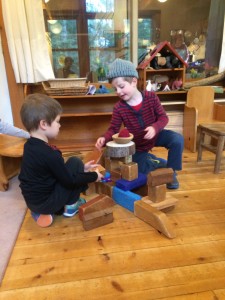 Here David and Rhys create a structure under the stress of a knitted pear.