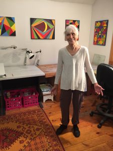 Sheila King showed her new work in her High Ridge Road studio: bright geometric paintings done in egg tempera.