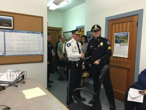 Dublin Police Chief Tim Suokko, left, welcomes Sergeant Jeremy Jeffers to the force as he was sworn in on November 7 in the Selectmen’s meeting. Photo by Sherry Miller