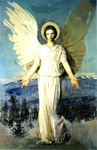 The monumental Monadnock Angel was one of the last works painted by Abbott Handerson Thayer, who died in Dublin in 1921. The original oil on canvas measuring 91 1/8" by 60" can be seen at the Addison Gallery of Art in Andover, Massachusetts.